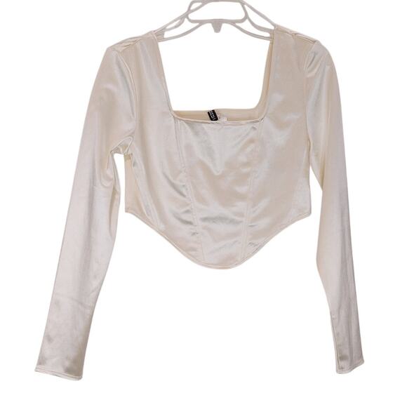 Divided H&M Long Sleeve Corset Cropped Top Asymmetric Hem Satin Cream Womens M - Picture 3 of 7